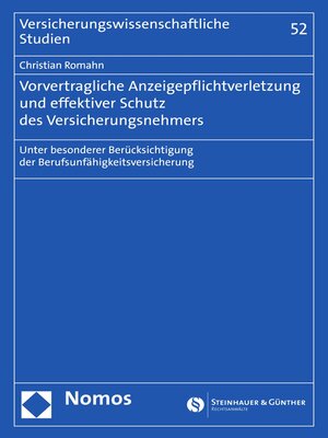 cover image of Vorvertragliche Anzeigepflichtverletzung und effektiver Schutz des Versicherungsnehmers